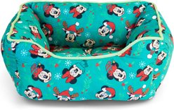 Buckle-Down Disney Holiday Mickey & Minnie Expressions Scattered Cuddler Pillow Dog Bed, Green, 20 x 15-in