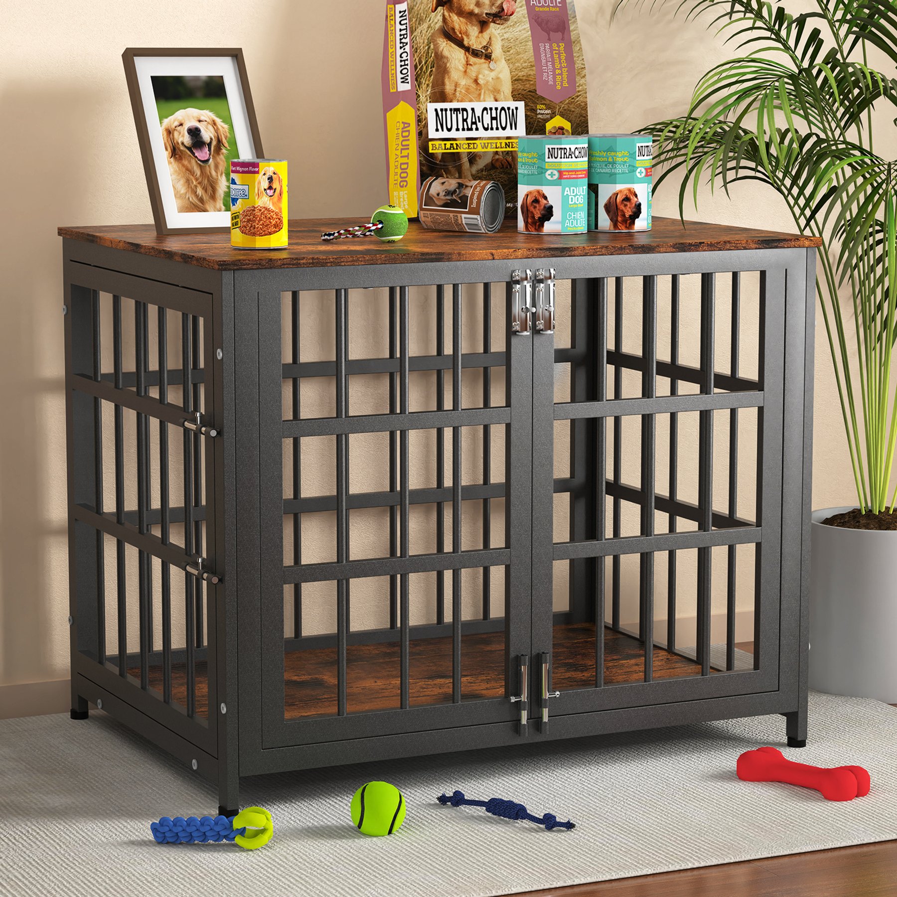 Xbrigh Double-Door Furniture Style Side Table Dog Crate, Brown, Small: 32 inch