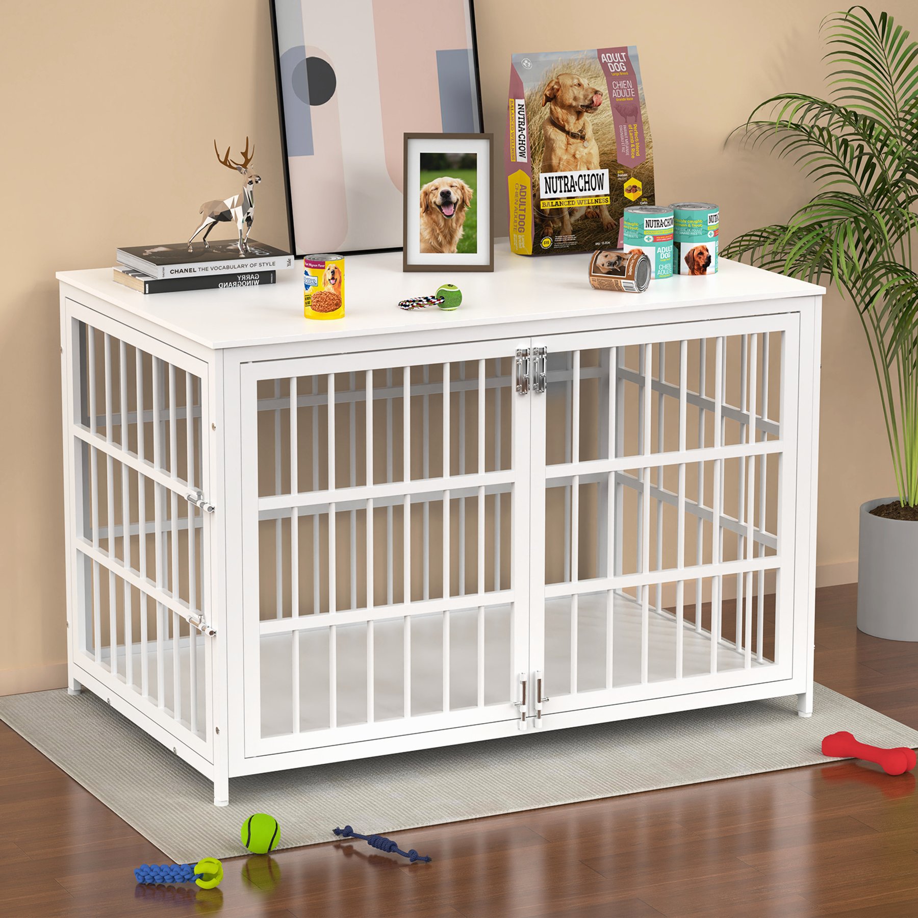 Xbrigh Double-Door Furniture Style Side Table Dog Crate, White, Giant 48 inch