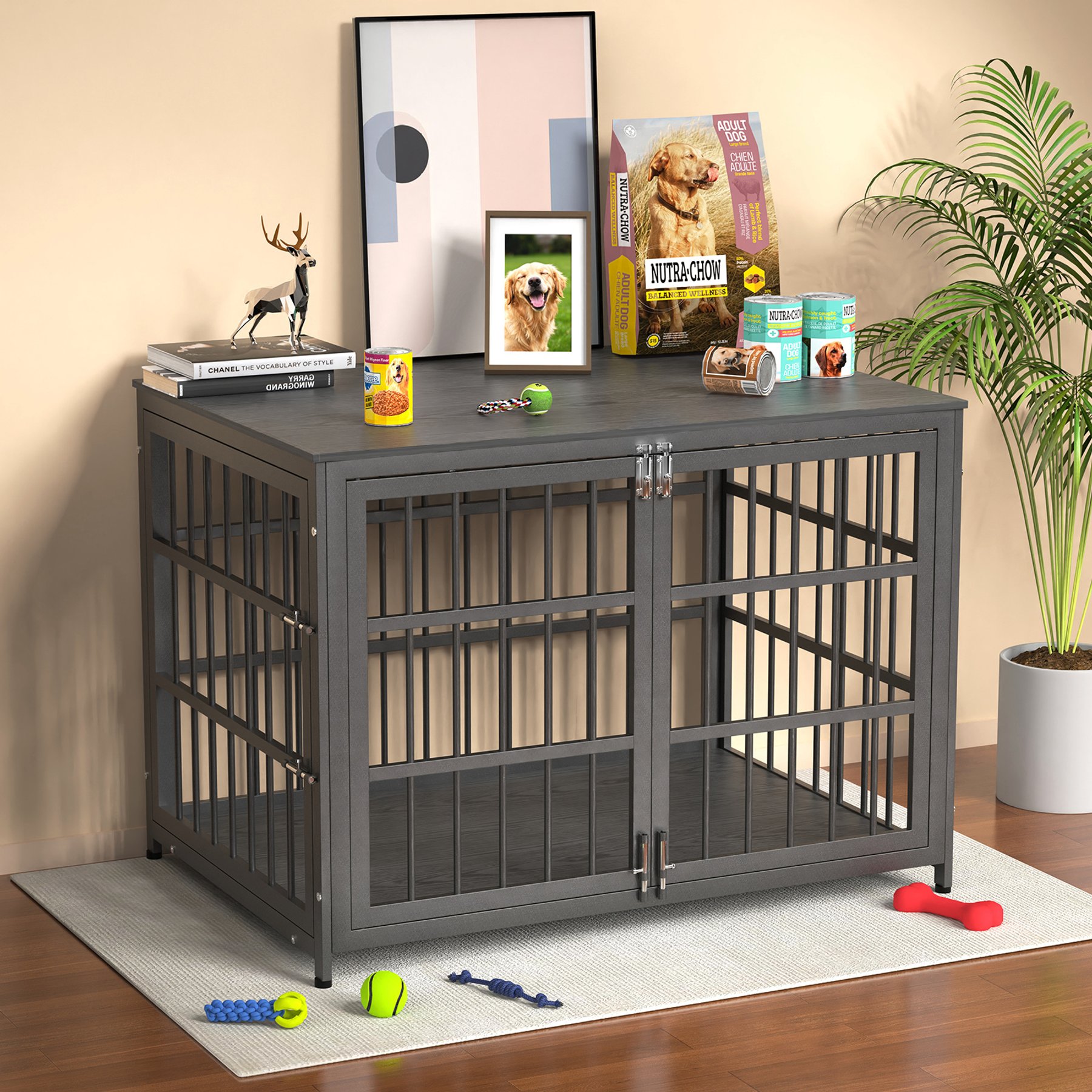 Xbrigh Double-Door Furniture Style Side Table Dog Crate, Black, Large: 42 inch