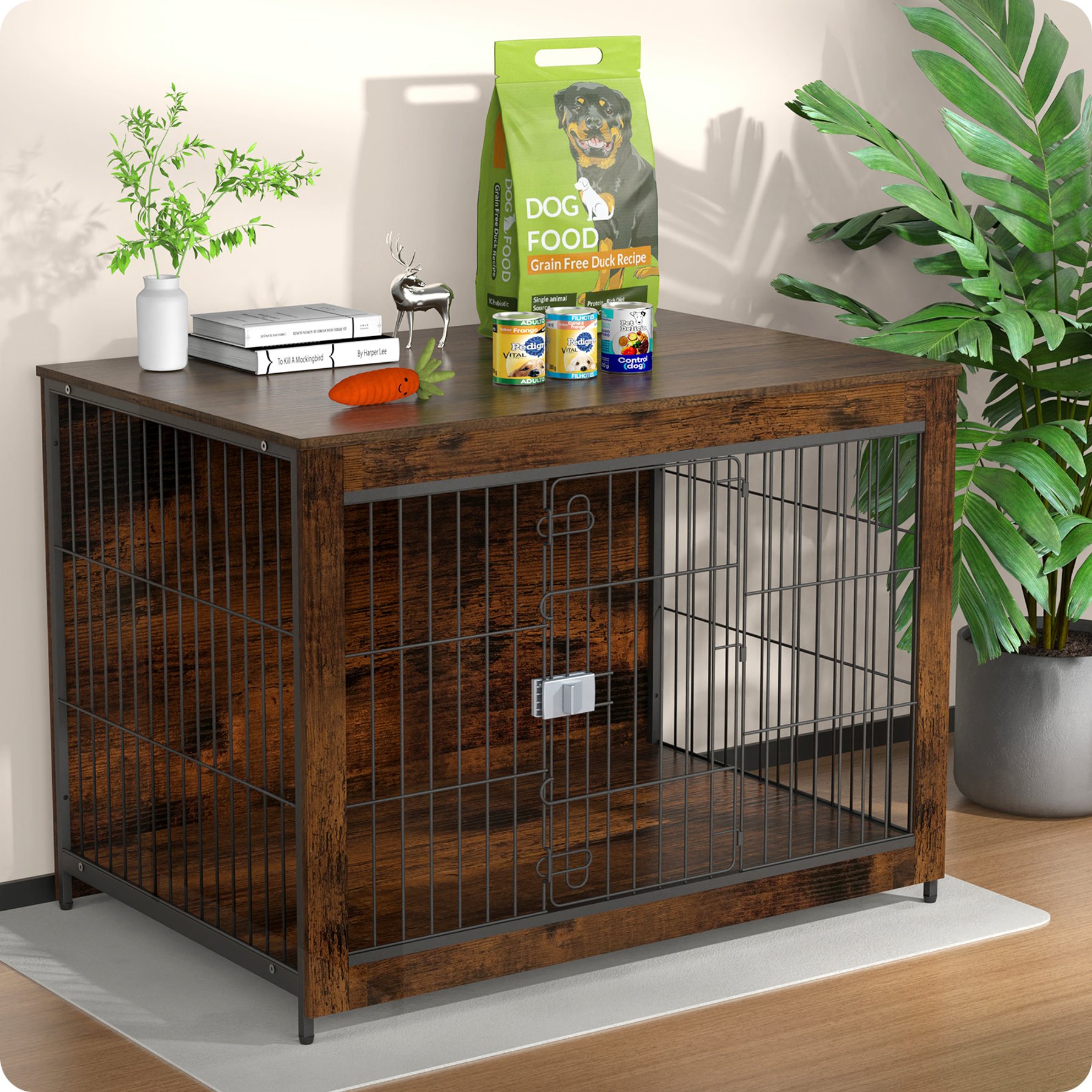 Xbrigh Lockable Furniture-Style Dog Crate with Wooden Base, Brown, Large: 43 inch