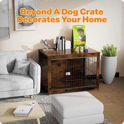 Show full view: Xbrigh Lockable Furniture-Style Dog Crate with Wooden Base, Brown, Medium: 38 inch slide 2 of 8