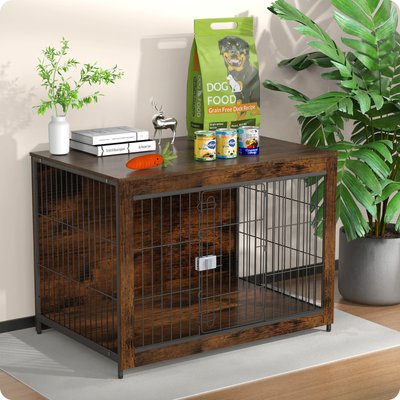 Xbrigh Xbrigh Lockable Furniture-Style Dog Crate with Wooden Base, Brown, Small: 32 inch