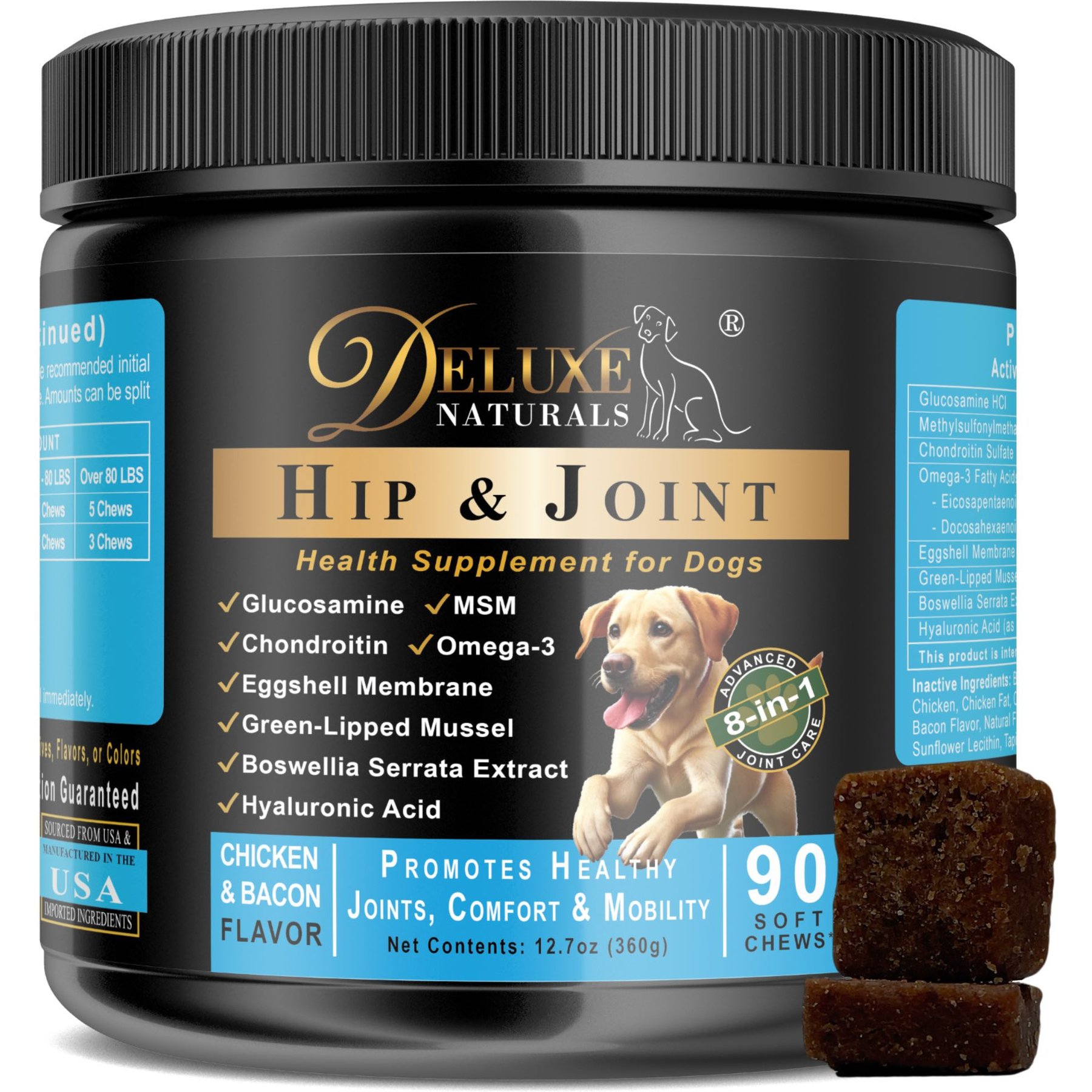 Deluxe Naturals Chicken & Bacon Flavored Soft Chew Hip & Joint Support Supplement for Dogs, 90 count