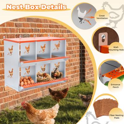 Show full view: Yafylly 6-Bay Wall-Mounted Egg Laying Galvanized Steel Chicken & Duck Nesting Box, Orange, Large slide 6 of 7