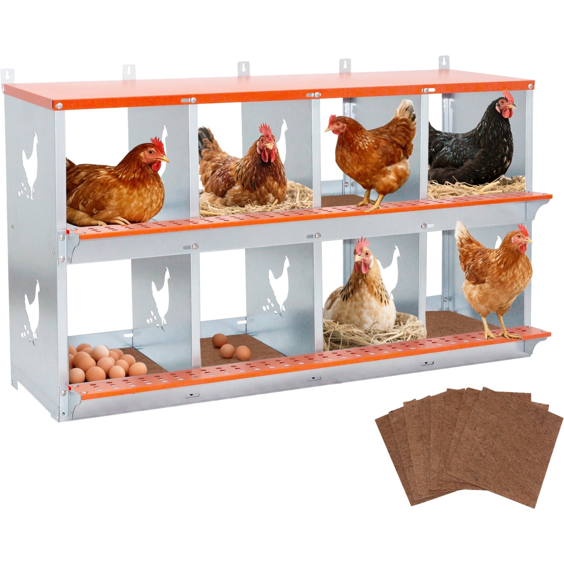 Yafylly 8-Bay Wall-Mounted Egg Laying Galvanized Steel Chicken & Duck Nesting Box, Orange, Large