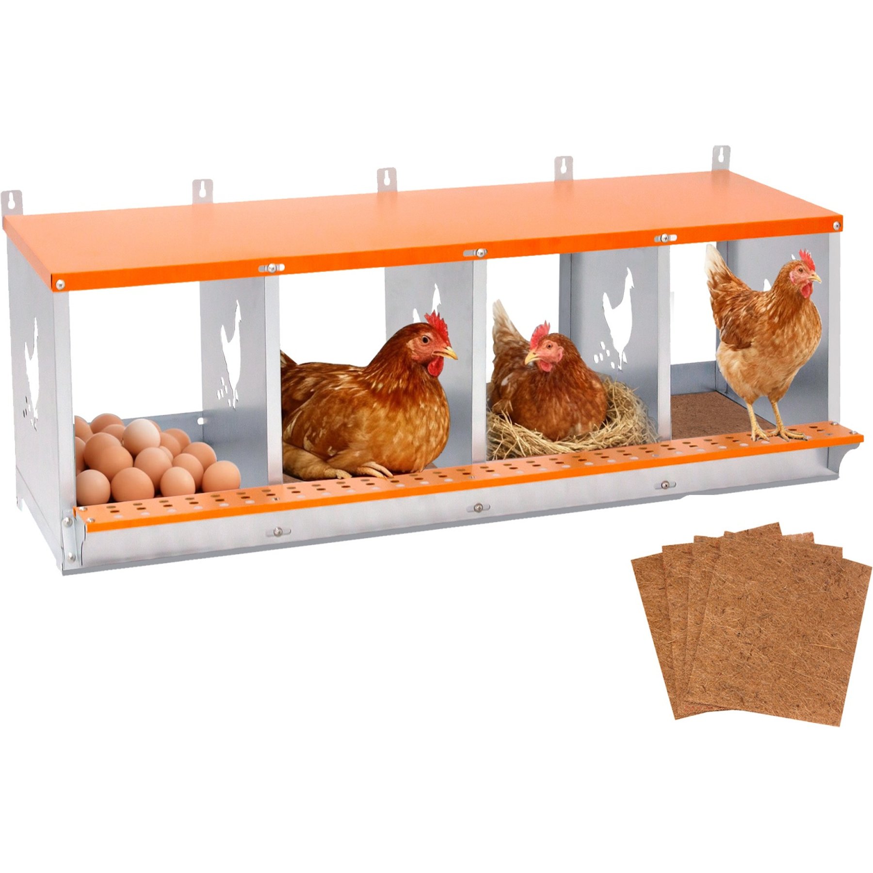 Yafylly 4-Bay Wall-Mounted Egg Laying Galvanized Steel Chicken & Duck Nesting Box, Orange, Small