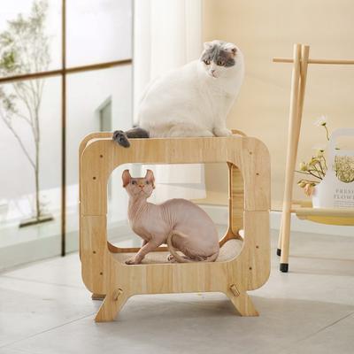 Show full view: Fairela Wooden Cat Scratcher House with Dual Scratch Pads, Beige slide 2 of 5