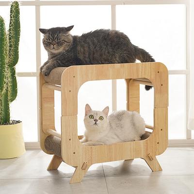 Show full view: Fairela Wooden Cat Scratcher House with Dual Scratch Pads, Beige slide 3 of 5