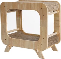 Fairela Wooden Cat Scratcher House with Dual Scratch Pads, Beige