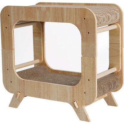 Fairela Fairela Wooden Cat Scratcher House with Dual Scratch Pads, Beige
