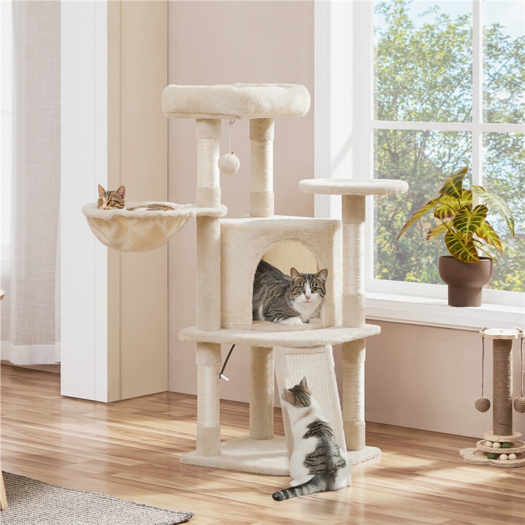 Yaheetech 42-in Plush Cat Tree with Perch & Condo, Beige