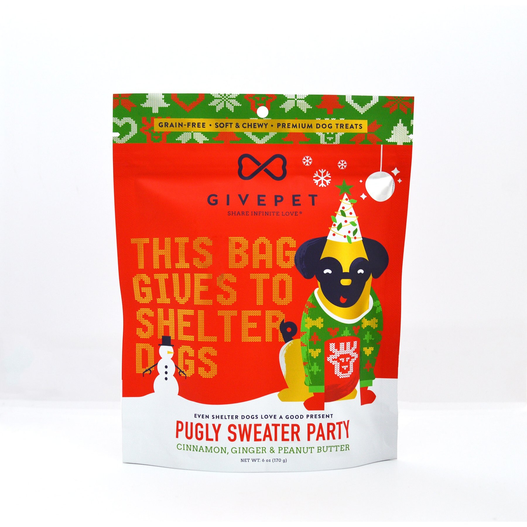 GivePet Pugly Sweater Party Peanut Butter, Ginger & Cinnamon Grain-Free Soft & Chewy Dog Treats, 6-oz bag