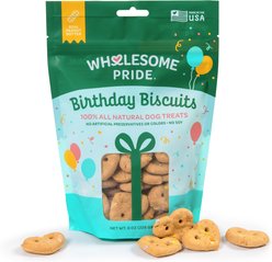 Wholesome Pride Pet Treats Birthday Heart-Shaped Snacks Peanut Butter Biscuits Crunchy Dog Treats, 8-oz bag