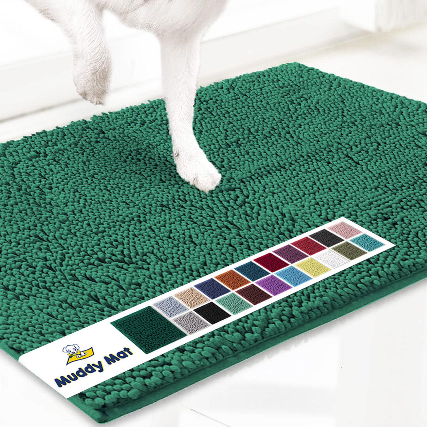 Muddy Mat Highly Absorbent Chenille Dog Door Mat, Dark Green, 3 x 5-ft