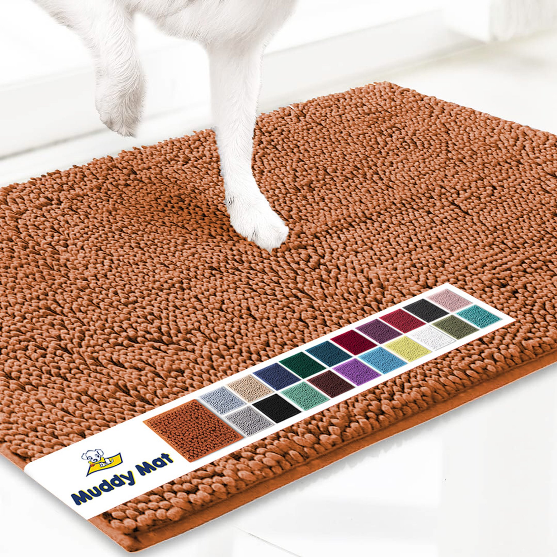 Muddy Mat Highly Absorbent Chenille Dog Door Mat, Orange, 2 x 3-ft