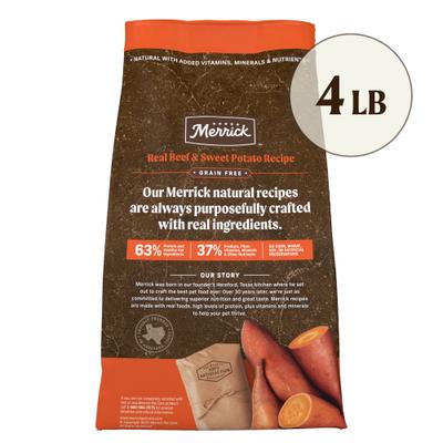 Show full view: Merrick Real Beef + Sweet Potato Recipe Grain-Free Chicken-Free Adult Dry Dog Food, 4-lb bag slide 4 of 12