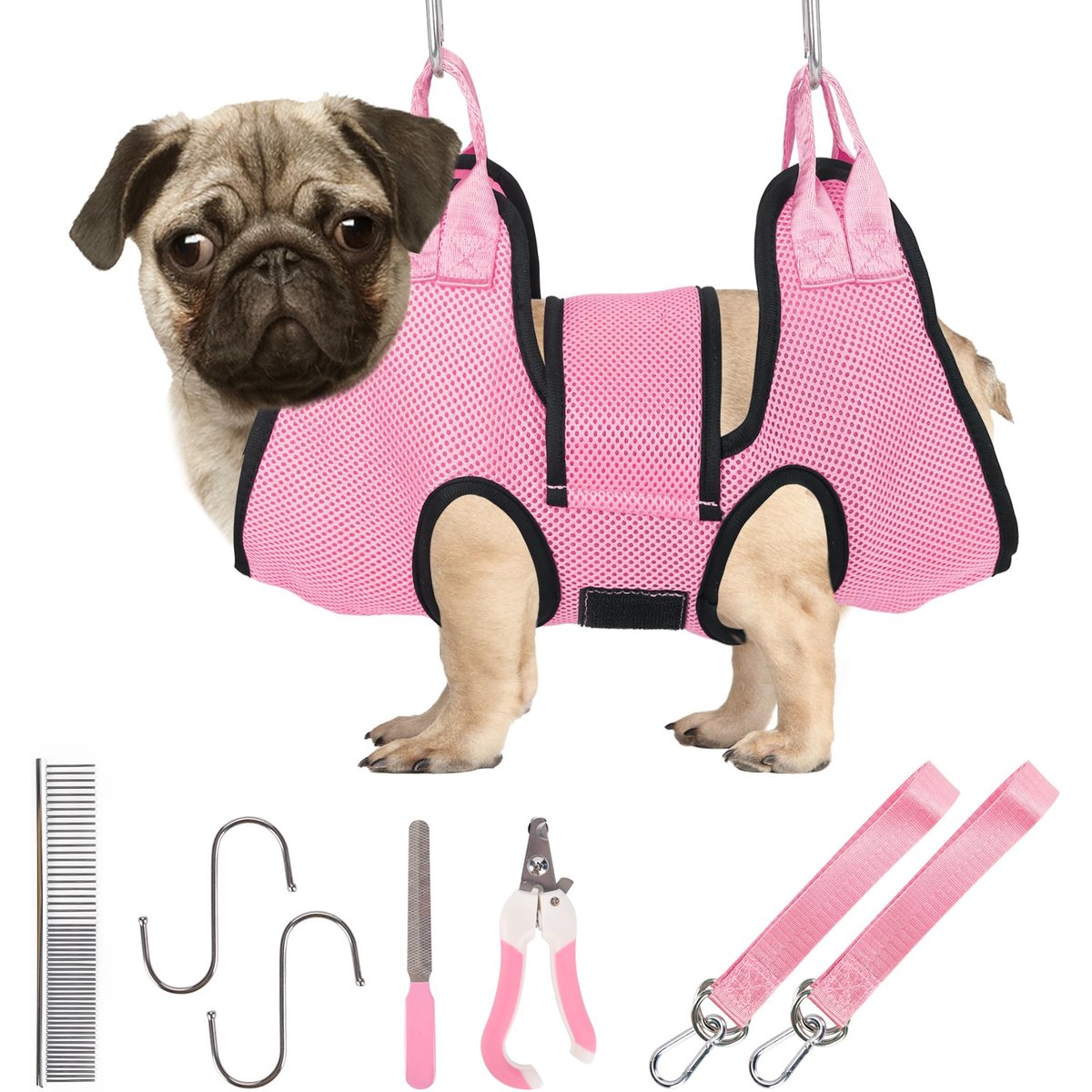 PatiencET Dog Grooming Hammock for Small Dogs Hanging Harness for Nail Trimming & Clipping, Small, Pink