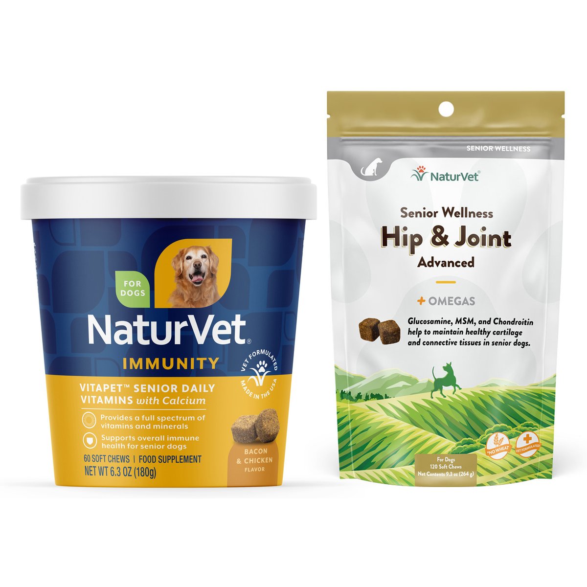 NaturVet Senior Care Hip & Joint Advanced Formula Dog Soft Chews, 120 count + NaturVet VitaPet Senior Daily Vitamins Plus Glucosamine Soft Chews Dog Supplement, 60 count