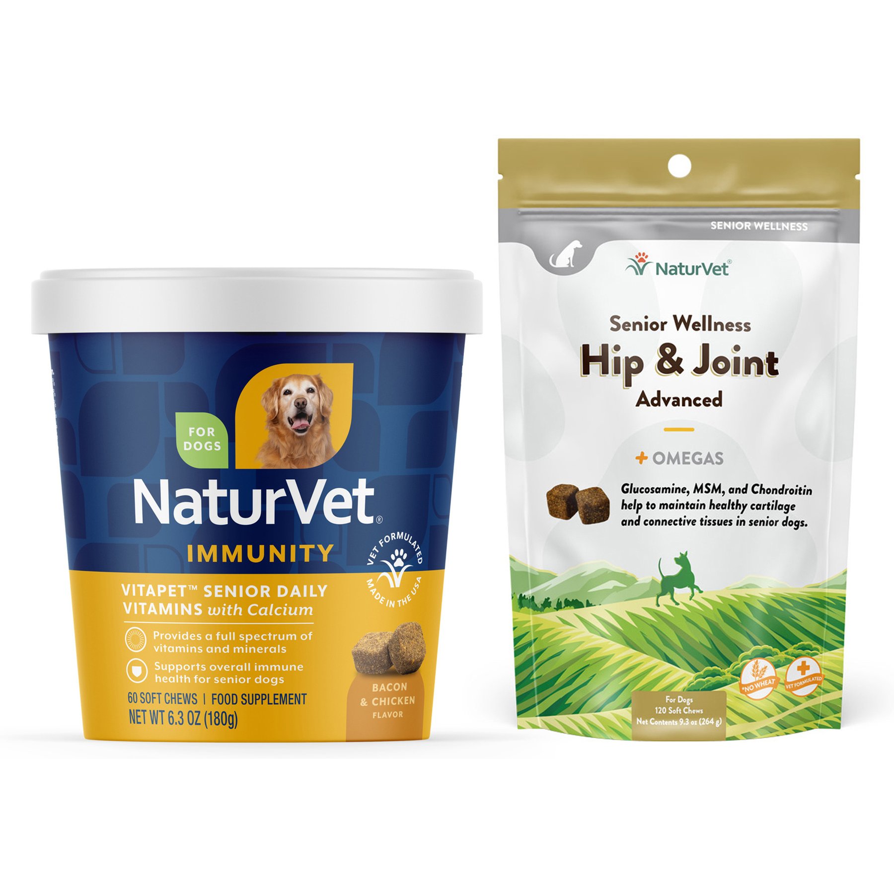 NaturVet Senior Care Hip & Joint Advanced Formula Dog Soft Chews, 120 count + NaturVet VitaPet Senior Daily Vitamins Plus Glucosamine Soft Chews Dog Supplement, 60 count