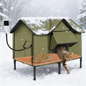 OWNPETS Coated-Metal Outdoor Heated Cat House, Olive Green, X