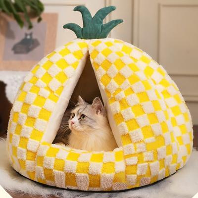 Show full view: Fairela Pineapple-Shaped Covered Cat Camping Bed with Plush Cushion, Yellow, Medium slide 8 of 9