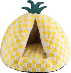 Fairela Pineapple-Shaped Covered Cat Camping Bed with Plush Cushion, Yellow, Medium