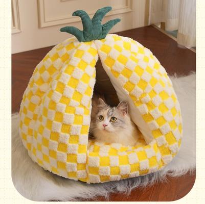 Show full view: Fairela Pineapple-Shaped Covered Cat Camping Bed with Plush Cushion, Yellow, Medium slide 3 of 9