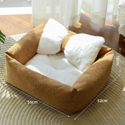Show full view: Fairela Anti-Fur Plush Cat Bed with Removable Cushions, Brown/White, Medium slide 7 of 9