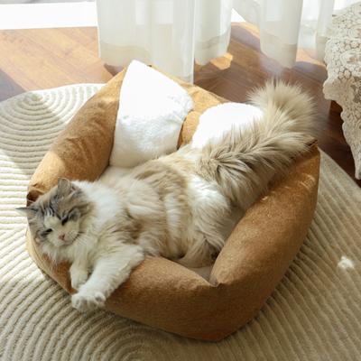 Show full view: Fairela Anti-Fur Plush Cat Bed with Removable Cushions, Brown/White, Medium slide 4 of 9