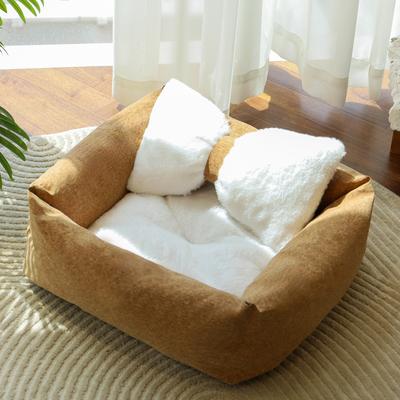 Show full view: Fairela Anti-Fur Plush Cat Bed with Removable Cushions, Brown/White, Medium slide 2 of 9
