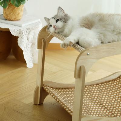 Show full view: Fairela Two-Tier Cat Lounger Bed with Wooden Frame Hammock, Beige, Large slide 3 of 9