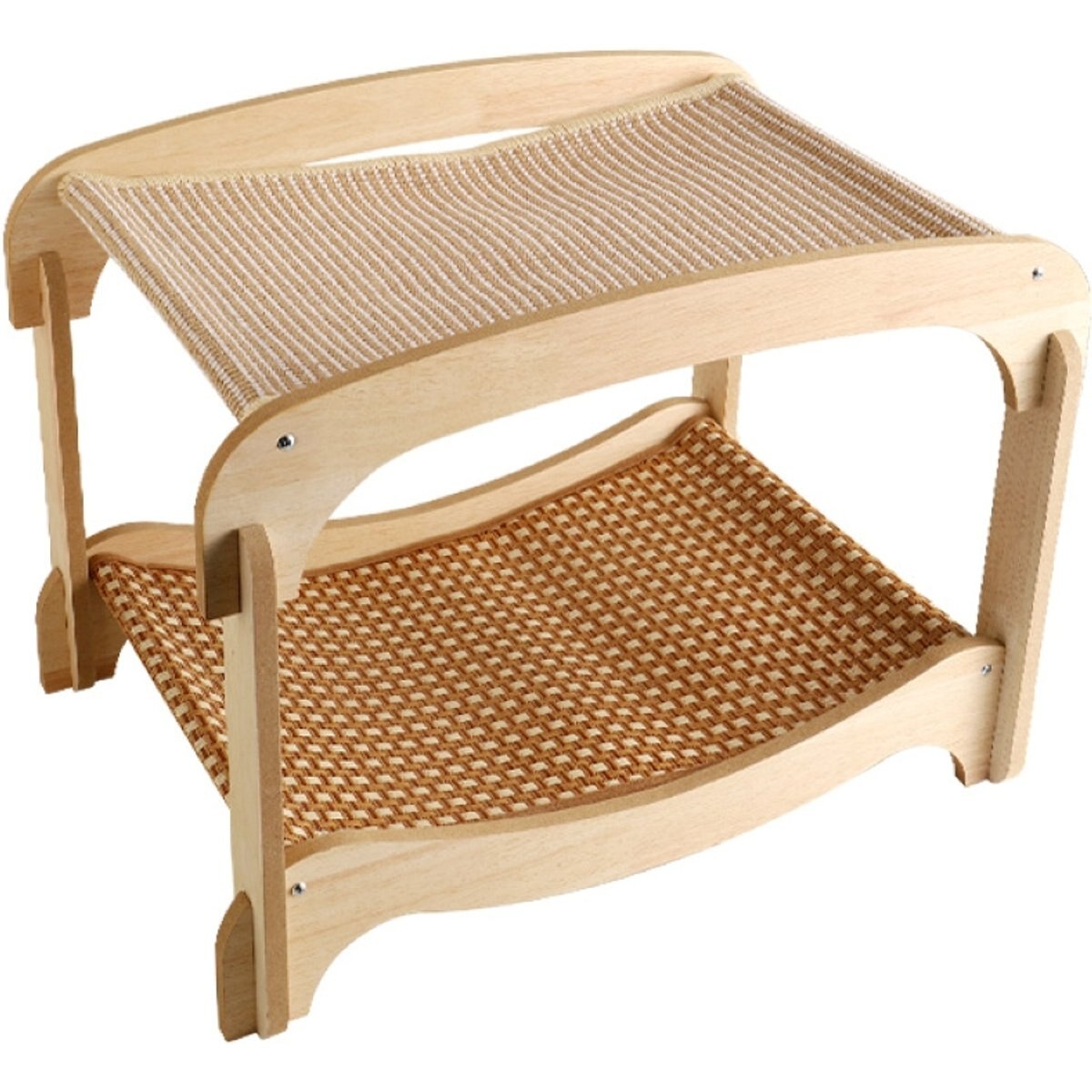 Fairela Two-Tier Cat Lounger Bed with Wooden Frame Hammock, Beige, Large
