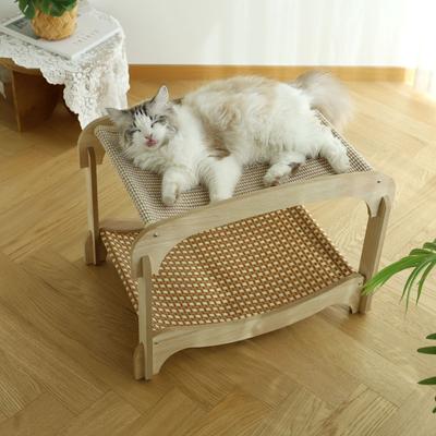 Show full view: Fairela Two-Tier Cat Lounger Bed with Wooden Frame Hammock, Beige, Large slide 2 of 9