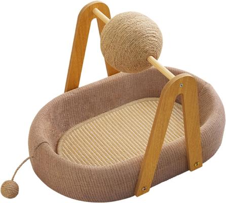 Show full view: Fairela Modern Wooden Cat Lounge Bed with Hanging Sisal Ball, Beige, Large slide 9 of 9