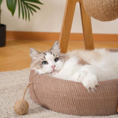 Show full view: Fairela Modern Wooden Cat Lounge Bed with Hanging Sisal Ball, Beige, Large slide 6 of 9