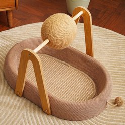 Fairela Modern Wooden Cat Lounge Bed with Hanging Sisal Ball, Beige, Large