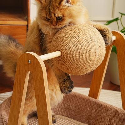 Show full view: Fairela Modern Wooden Cat Lounge Bed with Hanging Sisal Ball, Beige, Large slide 3 of 9
