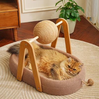 Show full view: Fairela Modern Wooden Cat Lounge Bed with Hanging Sisal Ball, Beige, Large slide 2 of 9