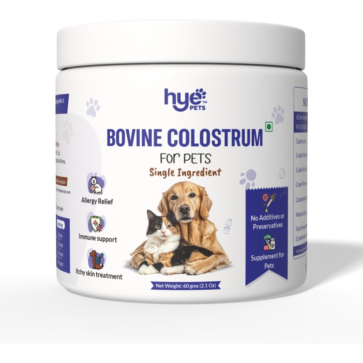 HYE Pets Bovine Colostrum Immune Support Powder Supplement Dog Food Topper, 2.1-oz
