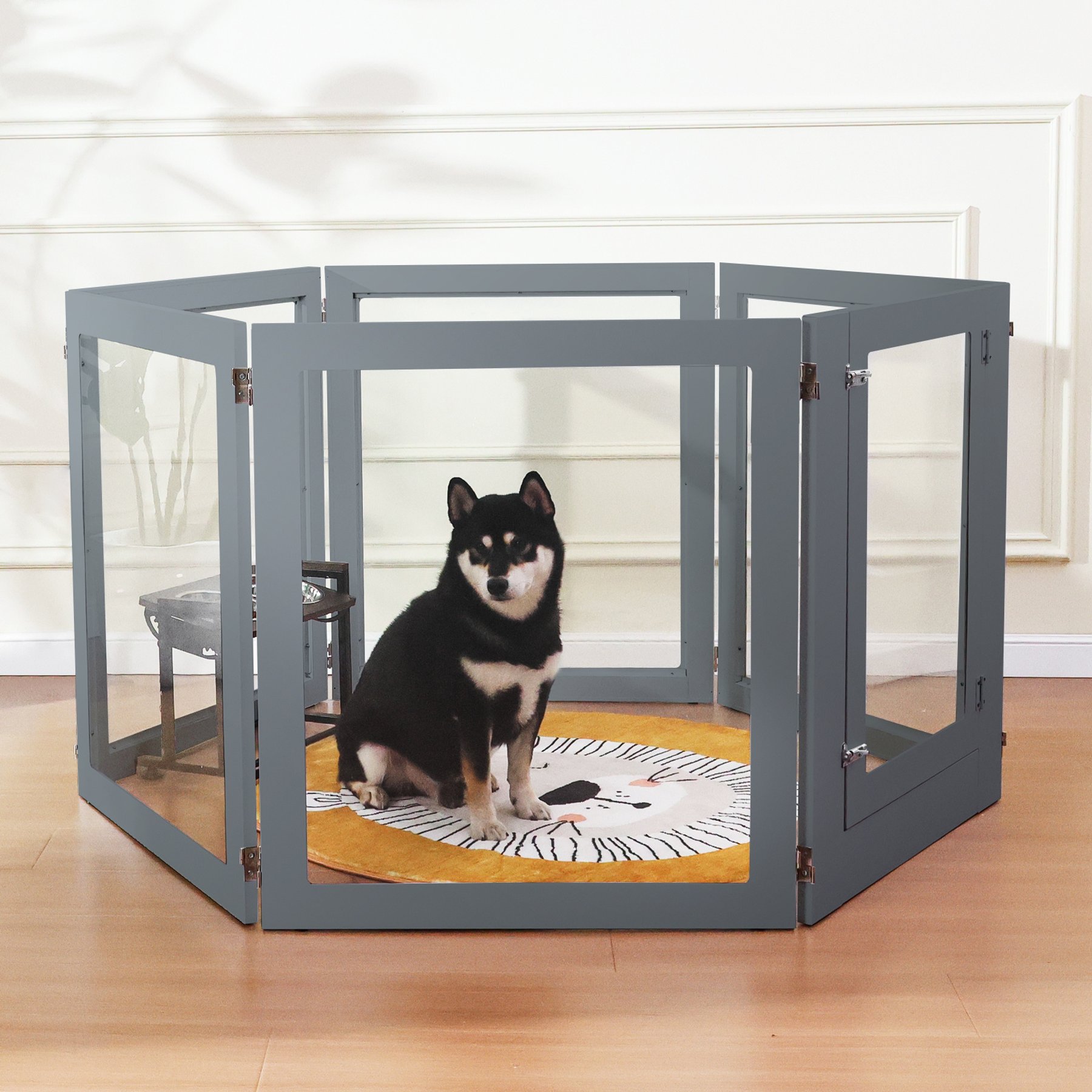 RYPetmia Heavy Duty Clear Acrylic Dog, Cat & Small Pet Playpen with Door, Small, 6-panel, Grey