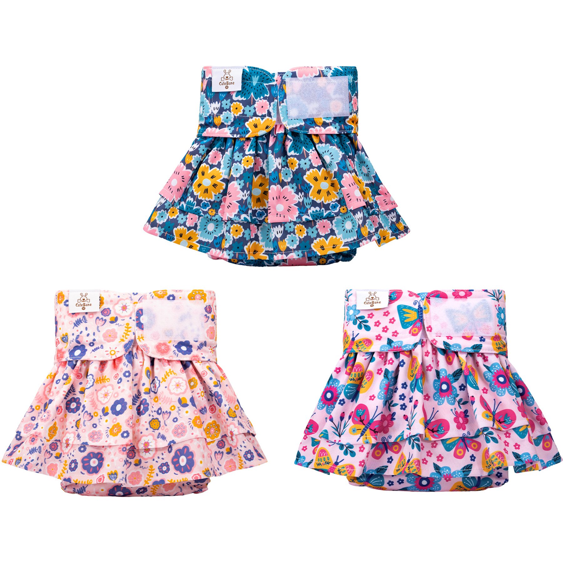 CuteBone Reusable Female Dog Diapers with Skirts, 3 count, X-Small: 10-in waist, Butterfly & Flower