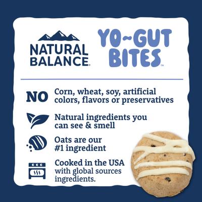 Show full view: Natural Balance Yo-Gut Bites with Oats & Blueberries Crunchy Dog Treats, 4.5-oz bag slide 8 of 9