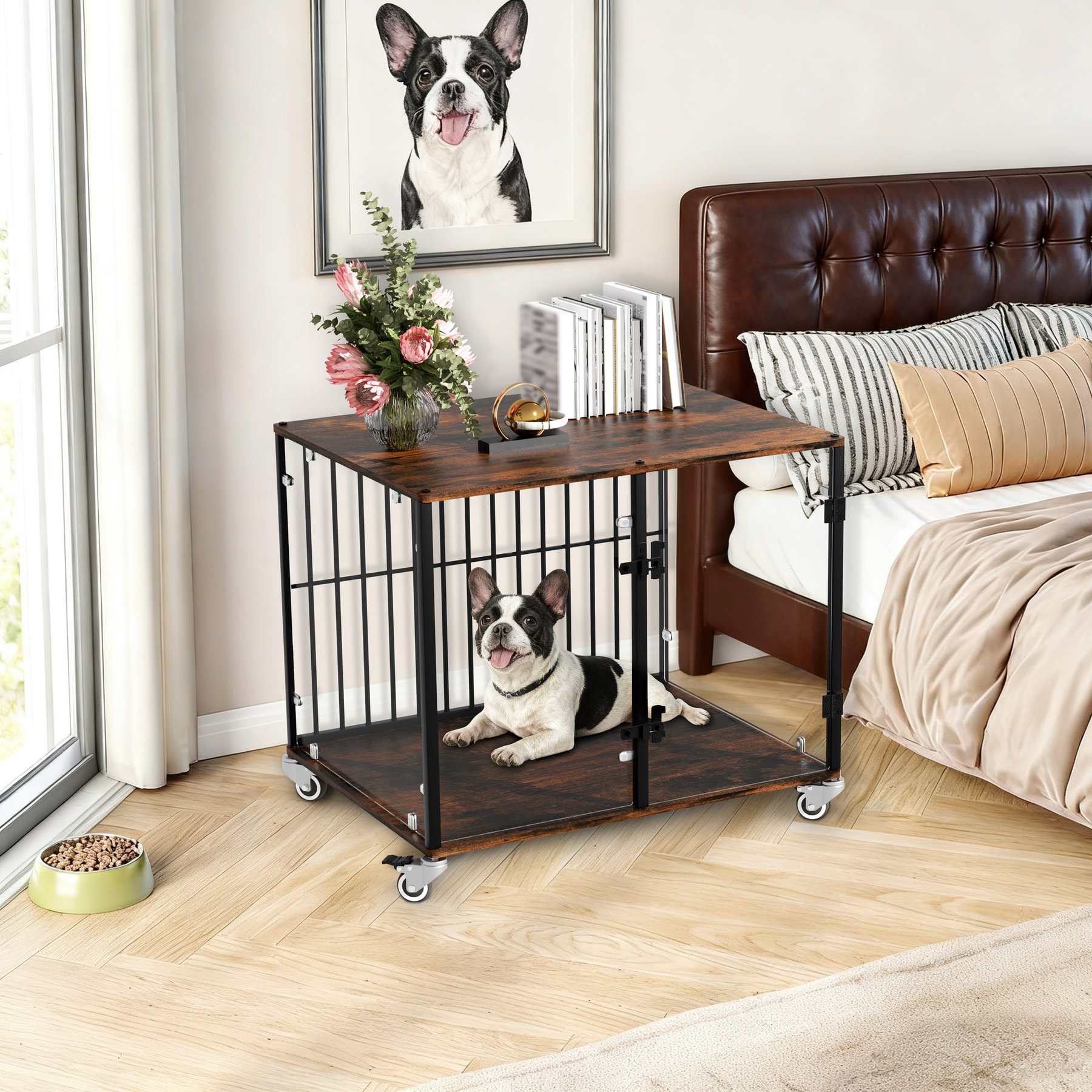 BingoPaw Self-Innovative Tempered Glass Dog Crate Furniture Style Cage with Side Table Iron Ventilated Bars, Black, 30-in