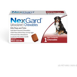 NexGard Chewables for Dogs, 60.1-121 lbs, (Red Box), 1 Chewable Tablet (1-mo. supply)