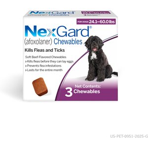 NexGard Chewables for Dogs, 24.1-60 lbs, (Purple Box), 3 Chewable Tablets (3-mos. supply)