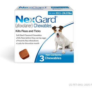 NexGard Chewables for Dogs, 10.1-24 lbs, (Blue Box), 3 Chewable Tablets (3-mos. supply) slide 1 of 9