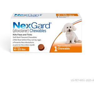 NexGard Chewables for Dogs, 4-10 lbs, (Orange Box), 1 Chewable Tablet (1-mo. supply)