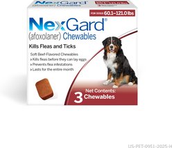 NexGard Chewables for Dogs, 60.1-121 lbs, (Red Box), 3 Chewable Tablets (3-mos. supply)