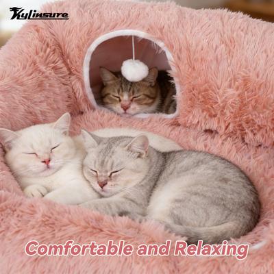 Show full view: Kylinsure 2-in-1 Peekaboo Cave Donut Cat Tunnel Bed with Center Mat, X-Large, Pinkish White slide 9 of 11